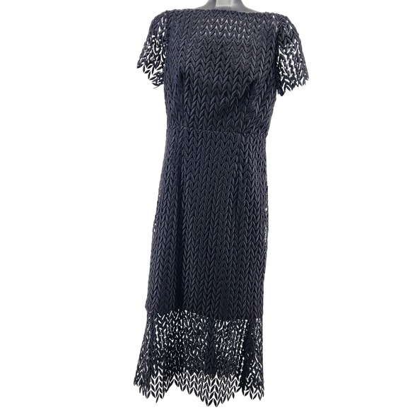 Kay Unger New York Black Textured Leaf Lace Midi Dress K111442 Womens 6 NEW